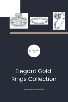 Collection of elegant gold rings with diamonds, showcasing various designs against a black and white background with placeholder for a logo and website address. Creative Jewelry Displays, Clever Organization, Mens Masquerade Mask