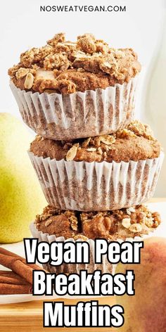 vegan pear breakfast muffins stacked on top of each other