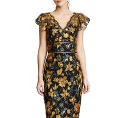 Brand: Marchesa Size: 2 Color: Black/Yellow/Green Material: Embroidery, Sequins Condition: Preowned With Tag Embroidery, Sequins, Marchesa, Shine, Midi, Fitting Silhouette, Black With Flowers, Feminine Dress, Elegant Yellow Dress With Floral Embroidery, Yellow Floral Print Evening Dress, Marchesa Dresses, Marchesa Dress, Flowers Print, Feminine Dress, Green Material, Dress Midi, Marchesa