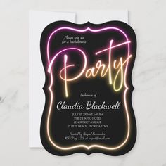 a party card with neon lights on it