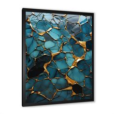 a blue and gold wall hanging on the wall with an abstract design in black frame