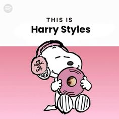 a cartoon character holding a donut in front of a pink background with the words, this is harry styles