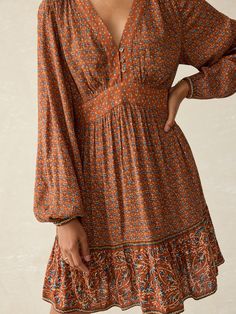 Spring Bohemian Maxi Dress With Elastic Neckline, Fall Bohemian Vacation Dresses, Casual Boho Dress With Boho Print, Knee-length, Casual Boho Dress With Knee-length Boho Print, Fall Vacation Bohemian Dresses, Bohemian Fall Vacation Dresses, Casual Knee-length Boho Dress With Boho Print, Bohemian Dress With Flowy Skirt And Long Sleeves, Casual Mini-length Peasant Dress