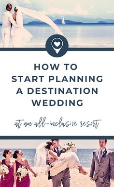 a wedding party on the beach with text overlaying how to start planning a destination wedding