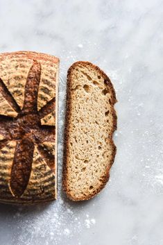 a loaf of bread sitting next to a piece of bread