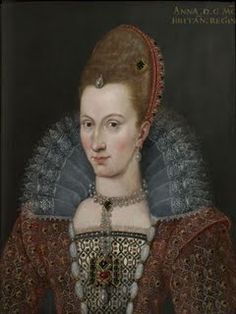 an old painting of a woman wearing a red dress and tiara with pearls on her head