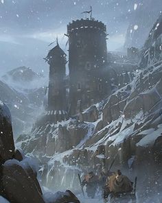 an image of people walking in the snow near some castle like structures and mountains with tall spires