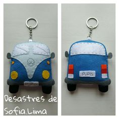 two pictures of a bus keychain made out of felt