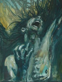 an abstract painting of a woman with her hair blowing in the wind and holding her hands up to her chest