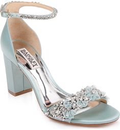 Badgley Mischka Finesse Ankle Strap Sandal, Main, color, BLUE RADIANCE SATIN Dreamy Romance, Best Bridal Shoes, Flower Embellishments, Bride Shoes, Fashion Heels, Leather Shoes Woman, Ankle Strap Heels