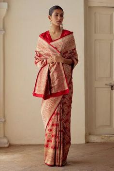 Shop for Mimamsaa Red Gehana Satin Silk Brocade Saree for Women Online at Aza Fashions Kaftan Kurta, Silk Brocade Fabric, Brocade Saree, Kurta Sharara, Traditional Outfit, Saree For Women, Flower Motifs, Red Saree, Silk Brocade