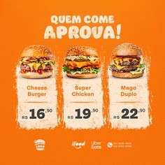 an orange menu with three burgers on each side and the words queen come approval