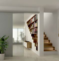 there is a potted plant in front of the bookshelf on the stairs