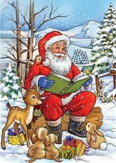 santa reading a book in the snow with his animals