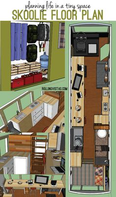 the floor plan for a tiny space with furniture and kitchen area, including a living room