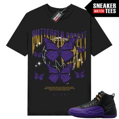 "Field Purple 12s Jordan matching shirt by Sneaker Match Tees brand. Official Sneaker Match Tees shirt designed to match the Jordan 12 \" Field Purple\" retro sneakers. *Sneakers are for matching purposes only, NOT included in the sale* True to size Men's shirt 100% Soft Cotton Regular Fit" Purple 12s Jordans Outfit, Black And Purple 12s Outfit, Field Purple 12s Outfit, Graphic Tee With Butterfly Print For Streetwear, Casual Butterfly Print T-shirt For Streetwear, Casual Butterfly Print Tops For Streetwear, Purple Retro, Black Jordans, Purple Sneakers