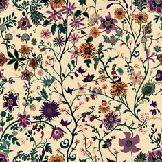 an intricately designed wallpaper with colorful flowers and leaves on it's side