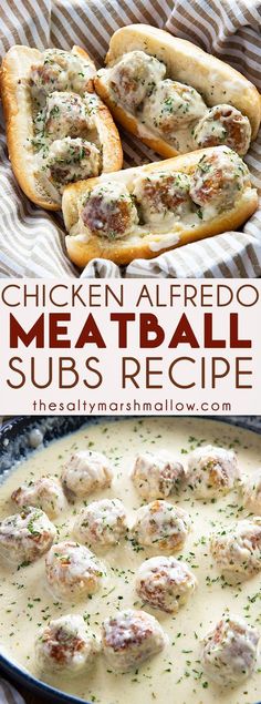 chicken alfredo meatball subs recipe in a skillet with bread on the side