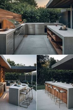 an outdoor kitchen is shown with bar stools