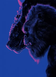 an animal with its mouth open next to another animal's head in purple and blue