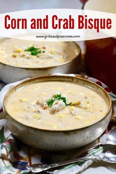 two bowls filled with corn and crab bisque