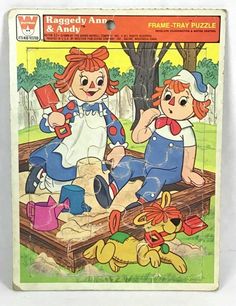 Raggedy Ann & Andy Frame-Tray Puzzle by Whitman Features Raggedy Ann & Andy Dolls, with Dog at Sandbox Would look great framed... Complete with all pieces. This puzzle is 39 Years Old...Some wear / wrinkling from age...see photos Item #: A33-2 Elmer Fudd, Raggedy Doll, Frame Tray, Vintage Strawberry Shortcake, Boho Cottage, Raggedy Ann And Andy, Embroidery Transfers, Daffy Duck, Raggedy Ann