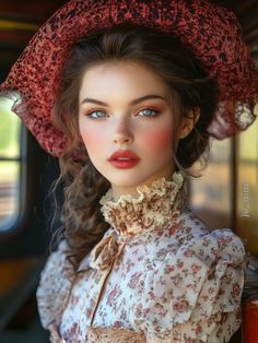 a close up of a doll wearing a dress and hat