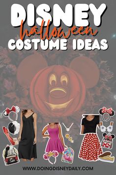 Mickey Mouse jack-o'-lantern in the background with a collage of Disney Halloween costume ideas for women going to Mickey's Not-So-Scary Halloween Party on top; including Disney Characters like Cruella De Vil, Minnie Mouse, and Sleeping Beauty Costumes For Mickeys Not So Scary, Halloween Disney World Outfits, Mickey’s Not So Scary Halloween Party Costumes Diy, Mickey’s Not So Scary Halloween Party Outfit Ideas, Disney Halloween Party Outfits, Disney Not So Scary Halloween Costumes, Not So Scary Halloween Party Costumes