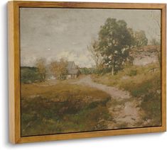 an oil painting on canvas of a country road with trees and houses in the background