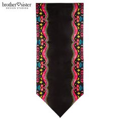 a black neck tie with colorful designs on the front and back side, along with a white background