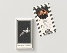 the tattoo artist's business card is displayed next to an image of a space shuttle