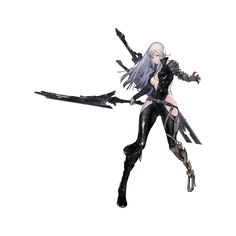 an anime character with long hair and black clothes holding two swords in one hand, while standing