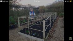 a woman standing on top of a wooden structure in the middle of a garden filled with plants