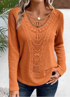 Color:Terracotta;Size:S;Size:M;Size:L;Size:XL;Size:XXL;Package Contents:1 X T Shirt;Occasion:Other;Style:Casual; Womens Trendy Tops, Trendy Tops For Women, Lace Long Sleeve, Boho Chic Fashion, Trendy Tops, Simple Patterns, Long Sleeve Lace, Womens Clothing Tops, Free Crochet Pattern