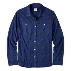 A workwear classic with an indigo-dyed twist Dark Wash Cotton Shirt For Work, Classic Dark Wash Cotton Tops, Indigo Shirt For Workwear In Fall, Fall Cotton Shirt In Indigo, Indigo Cotton Button-up Tops, Classic Indigo Tops For Workwear, Indigo Casual Top For Work, Casual Indigo Tops For Work, Casual Indigo Cotton Top