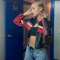 Color: Red, Size: M Cropped Leather Moto Jacket, Cropped Racer Jacket Outfit, Short Leather Jacket Outfit, Moto Jacket Outfit Casual, Moto Leather Jacket Outfit, Cropped Leather Jacket Outfit, Red Racing Jacket, Leather Moto Jacket Outfit, Retro Leather Jacket