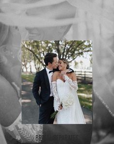 a bride and groom standing next to each other