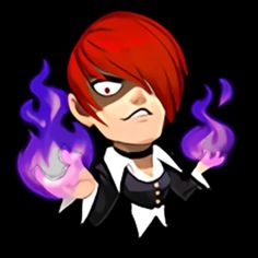 a cartoon character with red hair and white shirt holding a purple flame in his hand