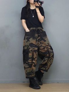 Style: Street Material: Denim Pattern: Striped Length: Full Length Decoration: Pocket Closure Type: Drawstring Silhouette: Loose Gender: Female Season: Summer #camo #jeans #dadjeans #baggyjeans Camo Jeans, Denim Pattern, Camo Fashion, Dad Jeans, Denim Patterns, Camo Pants, Blue Camo, Casual Jumpsuit, Baggy Pant