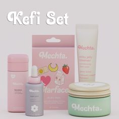 an assortment of skin care products with the words keffi set on it in white and pink