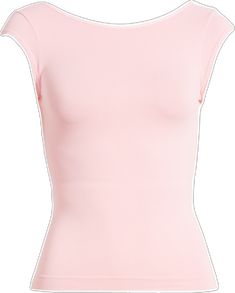 Basic Stretch Tops With Scoop Back, Basic Stretch Top With Scoop Back, Seamless Second-skin Short Sleeve Tops, Seamless Stretch Top With Scoop Back, Stretch Seamless Top With Scoop Back, Pink Short Sleeve Elastane Top, Pink Short Sleeve Top In Elastane, Pink Fitted Crew Neck Tank Top, Fitted Elastane Top With Scoop Back