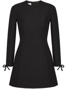 black virgin wool-silk blend bow detailing round neck two side inset pockets three-quarter length sleeves concealed rear zip fastening straight hem Black Chanel Dress, Black Pearl Dress, Virgo Rising, Valentino Dress, Petite Style, Work Chic, Dark Outfits, City Dress