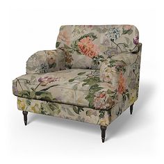 a floral print chair with wooden legs and arm rests on an isolated white background,