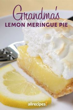 a lemon meringue pie on a white plate with a slice cut out and the title grandma's lemon meringue pie