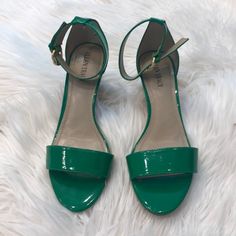 Beautiful Kelly Green Patent Leather Shoes. Love This With The Cork Bottoms !!!! Brand New, Never Worn. Size 8. Casual Green Heels With 4-inch Heel, Casual Green Low Heel Heels, Casual Ankle Strap Patent Leather Heels, Casual Patent Leather Ankle Strap Heels, Casual Patent Leather Low Heels, Green Ankle Strap Heels With Medium Width, Green Ankle Strap Heels Medium Width, Green Patent Leather Spring Heels, Spring Green Patent Leather Heels