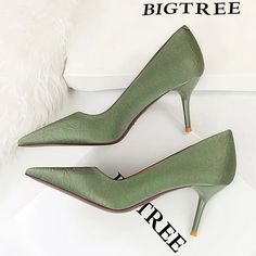 Eco Silks Satins Pointed Ladies Heels Green Pointed Toe Heels For Office, Green Almond Toe Heels For Office, Green Heels With Branded Heel Counter For Office, Green Office Heels With Branded Heel Counter, Ladies Heels, Female Shoes, Heels Fashion, Point Shoes, Fashion Sandals