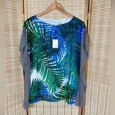 Beautiful And New With Tag Attached Top From Calvin Klein! Poncho Style But Has A Sleeveless Interior Lining And Defined Sleeve Holes, With Closed Sides. Loose Breezy Fit With Lightweight Semi-Sheer Outerlayer. Tropical Palm Leaf Print In Shades Of Blue And Greens. Black And White Accent Stripes Along The Sides. Silver Toned Logo Tag On Lower Left Side. Size Medium, Pit To Pit Of The Interior Lining Is About 19”. New Condition! *See My Additional Listings For That Adorable Gold Plated Shell Neck Summer Blue Blouse With Tropical Print, Summer Tropical Print Blue Blouse, Blue Tropical Print Blouse For Summer, Blue Tropical Print Blouse For Beach, Blue Tropical Print Tops For Beachwear, Blue Tropical Tops For Day Out, Blue Tropical Top For Day Out, Tropical Blue Tops For Day Out, Calvin Klein Blue Tops For Summer