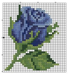 a blue flower with green leaves is shown in the cross stitch pattern on this page