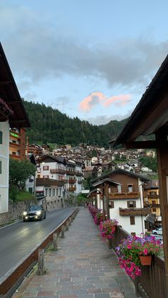 the road is lined with flowers and houses