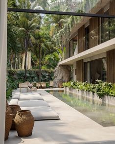 an outdoor lounge area next to a swimming pool with chairs and potted trees in the background